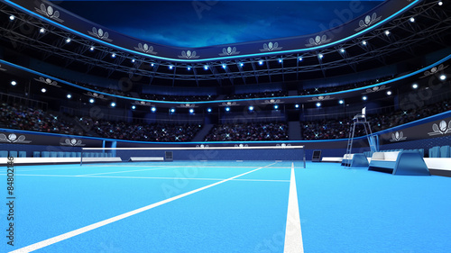 Fotografie blue tennis court from the perspective of the player