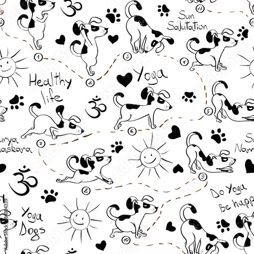 Seamless pattern with dog doing yoga position of Surya Namaskara