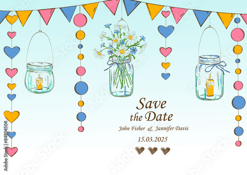 Wedding invitation with decoration of hanging jars and flowers.