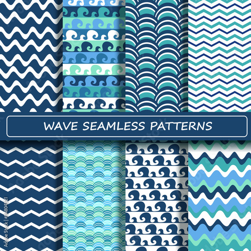 Set of blue and white sea wave seamless patterns.