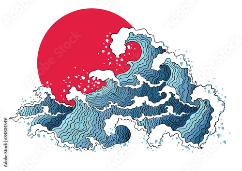 Asian illustration of ocean waves and sun.