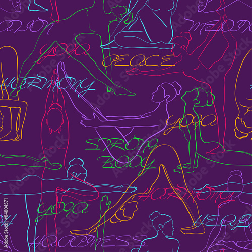 Yoga seamless pattern with colorful silhouettes of women.