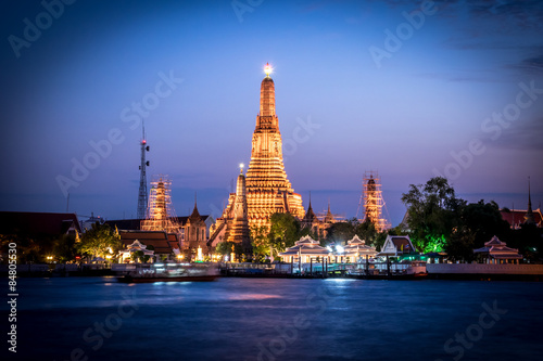 Landscape of Wat Arun at twilight time. A Buddhist temple located along the Chao Phraya river in Bangkok   Thailand