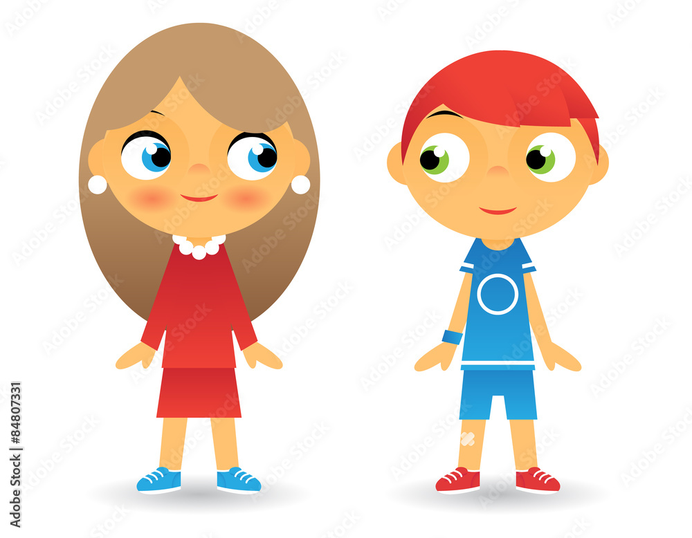 Girl and Boy Cartoon Character Children Icons Isolated Vector Girl and Boy Cartoon Character Children Icons Isolated Vector