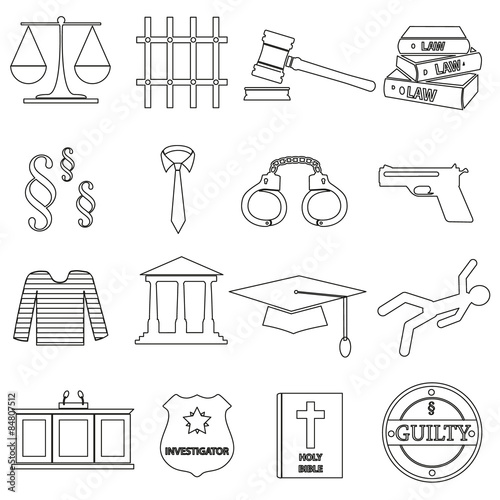 justice and law black outline icons set eps10