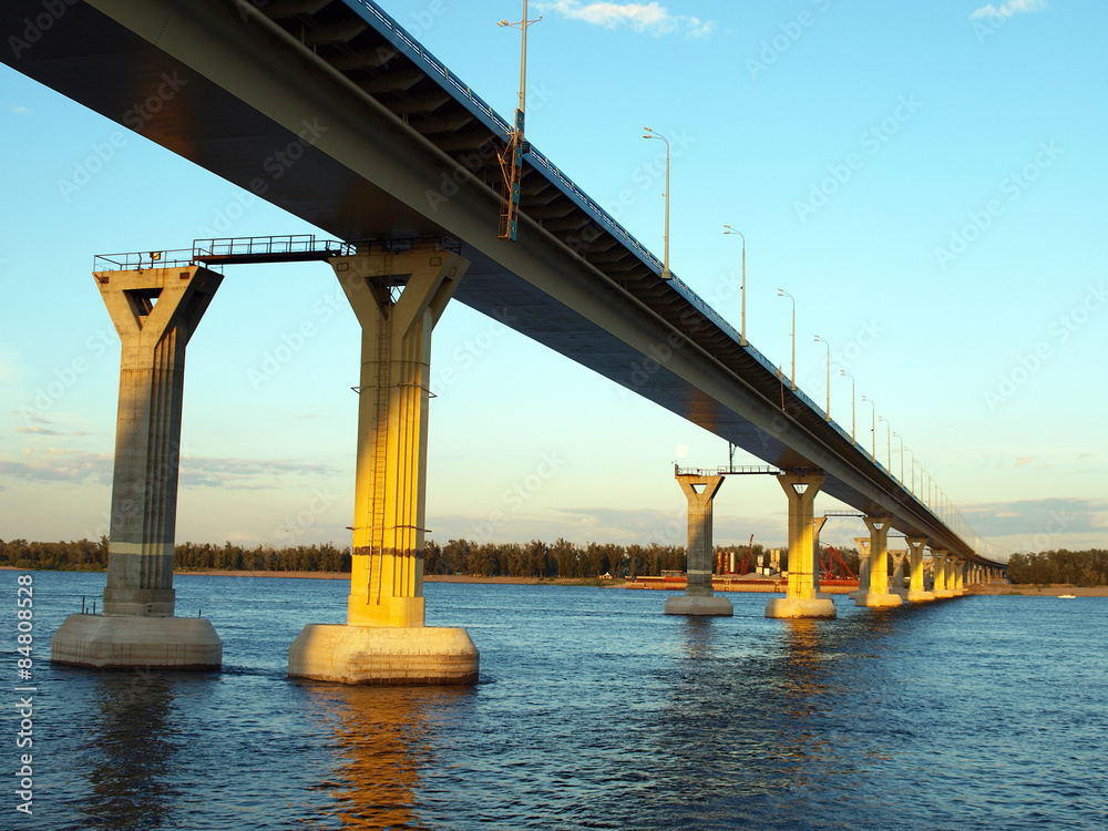 The bridge over the river Volga. View from below. Russia
