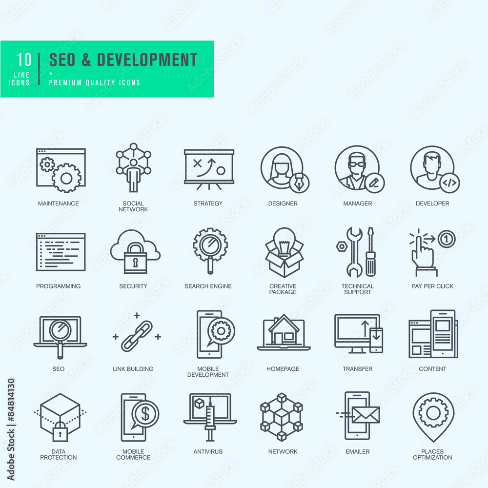 Thin line icons set. Icons for seo, website and app design and development.    