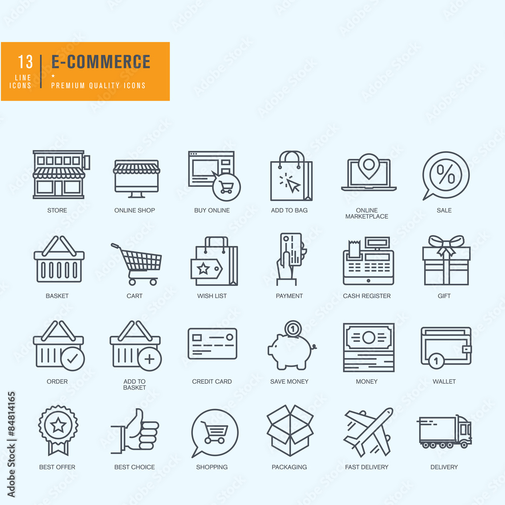 Fototapeta premium Thin line icons set. Icons for e-commerce, online shopping. 