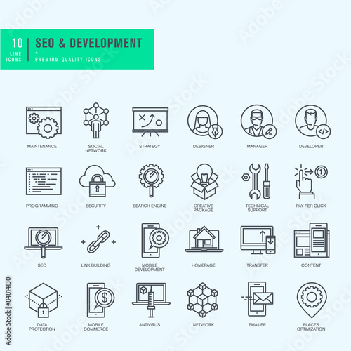 Thin line icons set. Icons for seo, website and app design and development. 