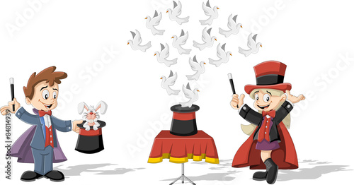 Cartoon magician kids holding magic wands performing tricks with animals
