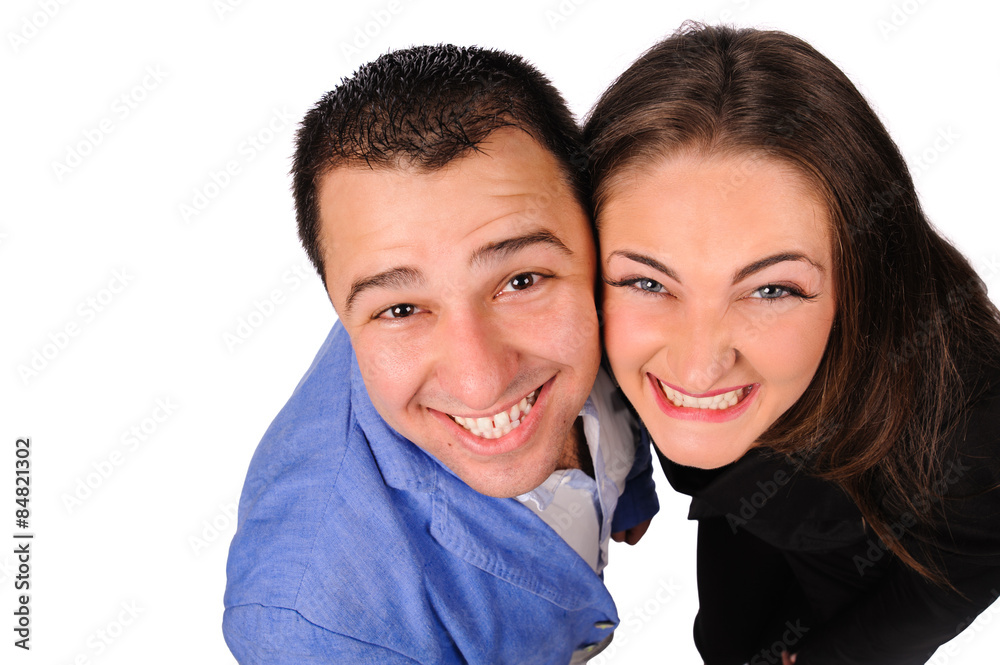 Man and woman with funny faces isolated over white background Man and woman with funny faces isolated over white background