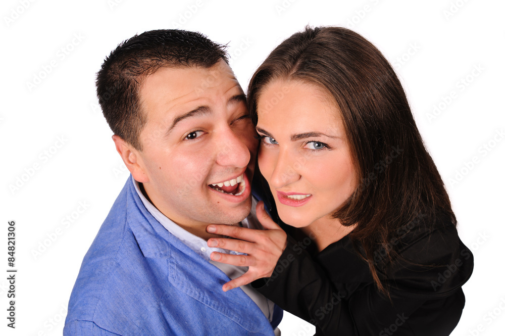 Man and woman with funny faces isolated over white background Man and woman with funny faces isolated over white background