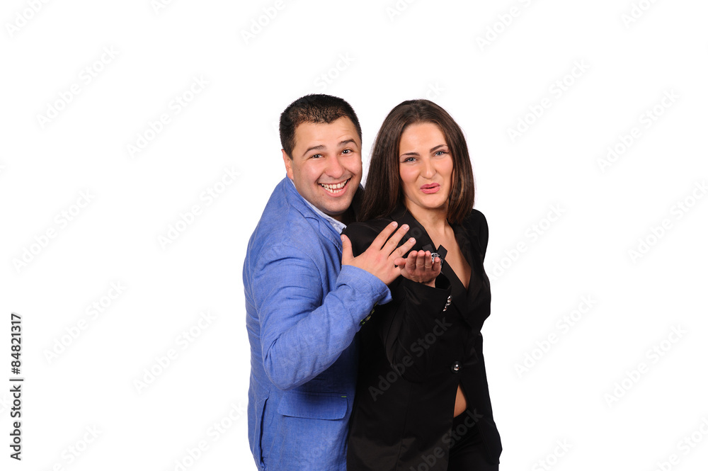 Man and woman with funny faces isolated over white background Man and woman with funny faces isolated over white background