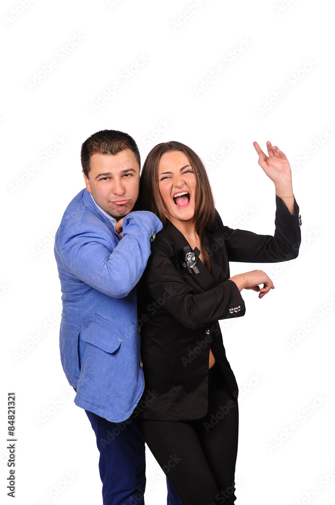 Man and woman with funny faces isolated over white background Man and woman with funny faces isolated over white background