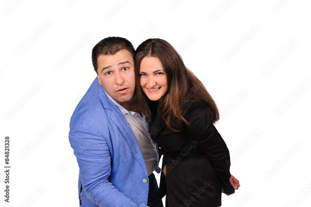 Man and woman with funny faces isolated over white background Man and woman with funny faces isolated over white background