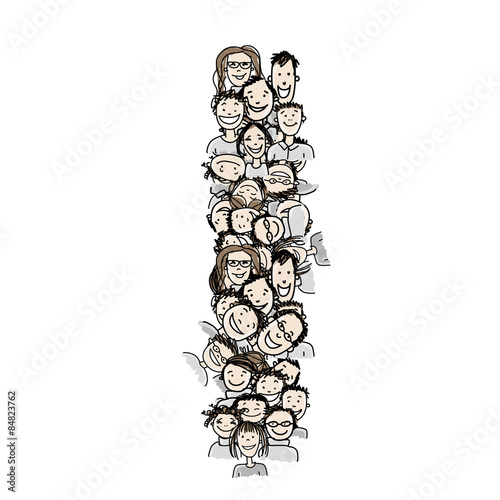 Letter I, people crowd, vector alphabet design