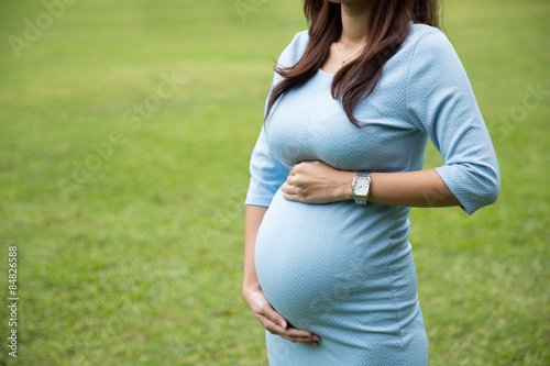 Asian pregnant woman in blue dress on the grass background, bell
