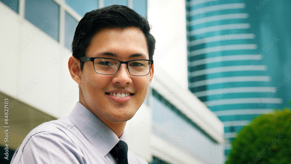 Portrait Chinese Businessman Smiling Outside Office Skyscraper Portrait Chinese Businessman Smiling Outside Office Skyscraper