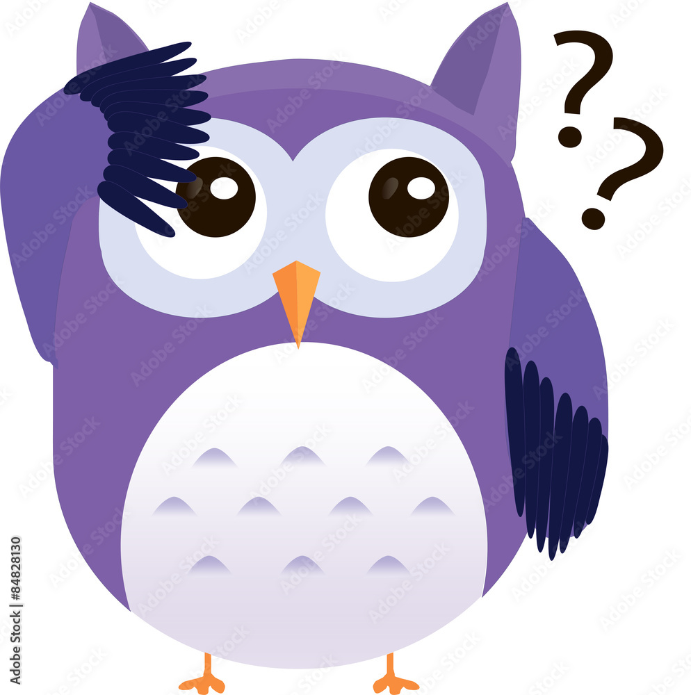 Fototapeta premium Perplexed cute vector purple owl with question marks