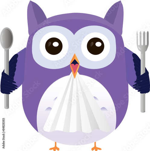 Cute vector purple owl with fork and spoon ready to eat