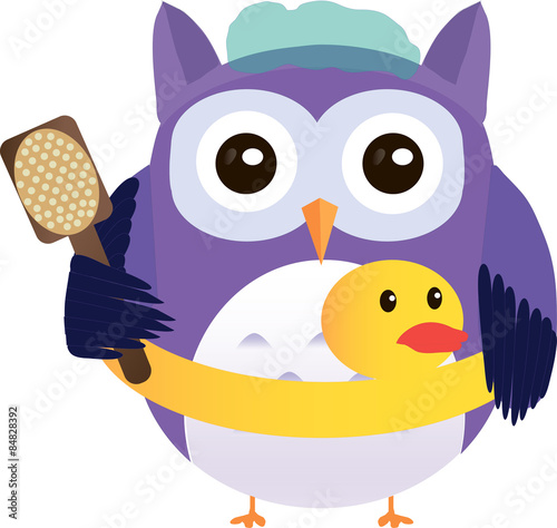 Cute vector purple owl with brush and rubber duck is preparing t