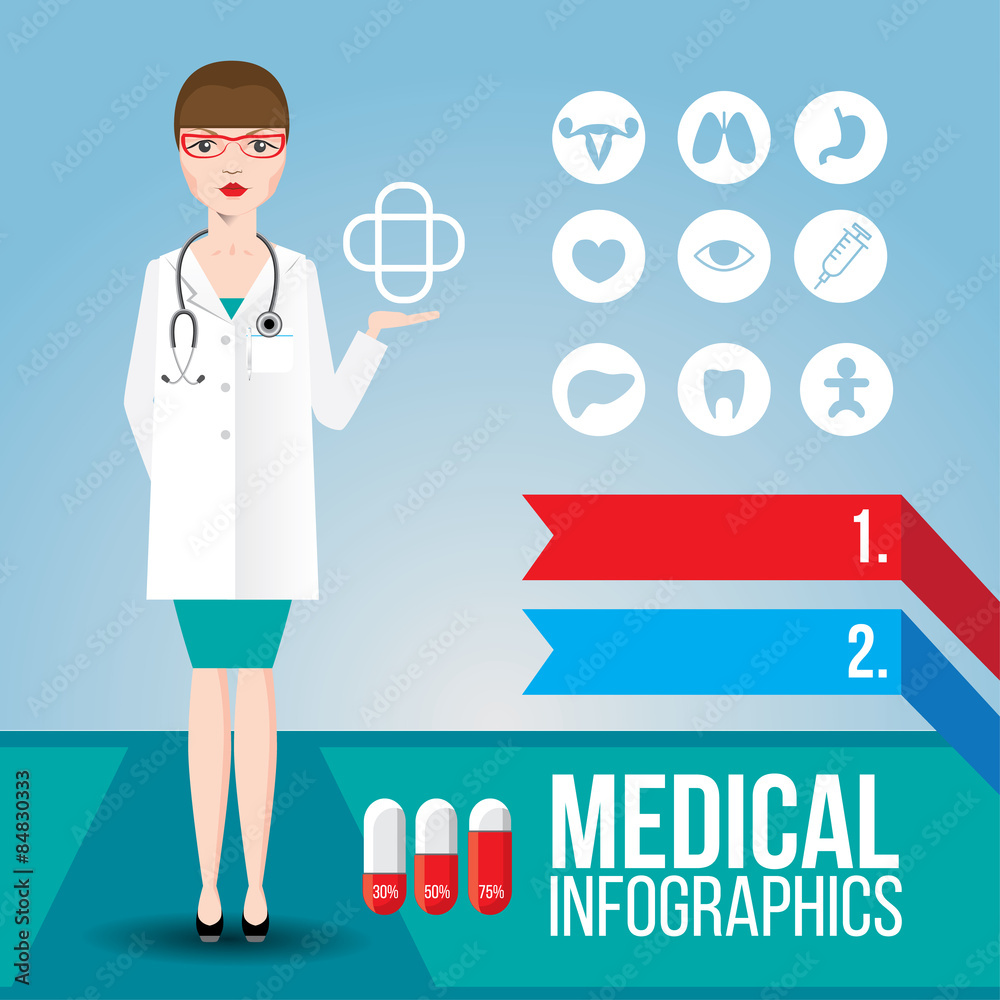 Medical infographic. Young smiling woman doctor with stethoscope Medical infographic. Young smiling woman doctor with stethoscope