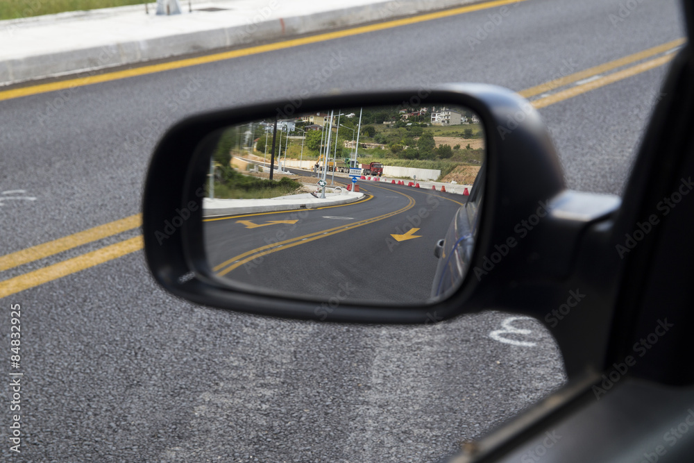 mirror car, road yellow lines and a turn
