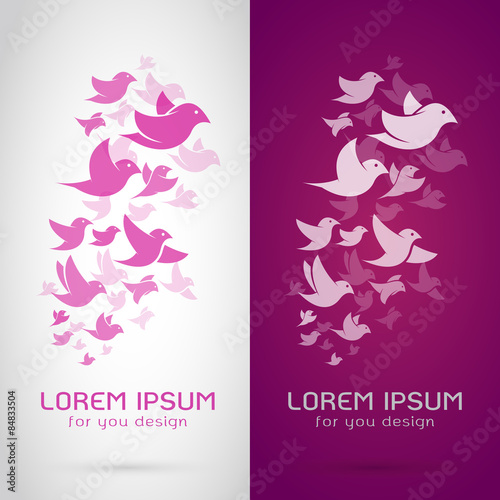 Vector image of an bird flock design on white background and pur