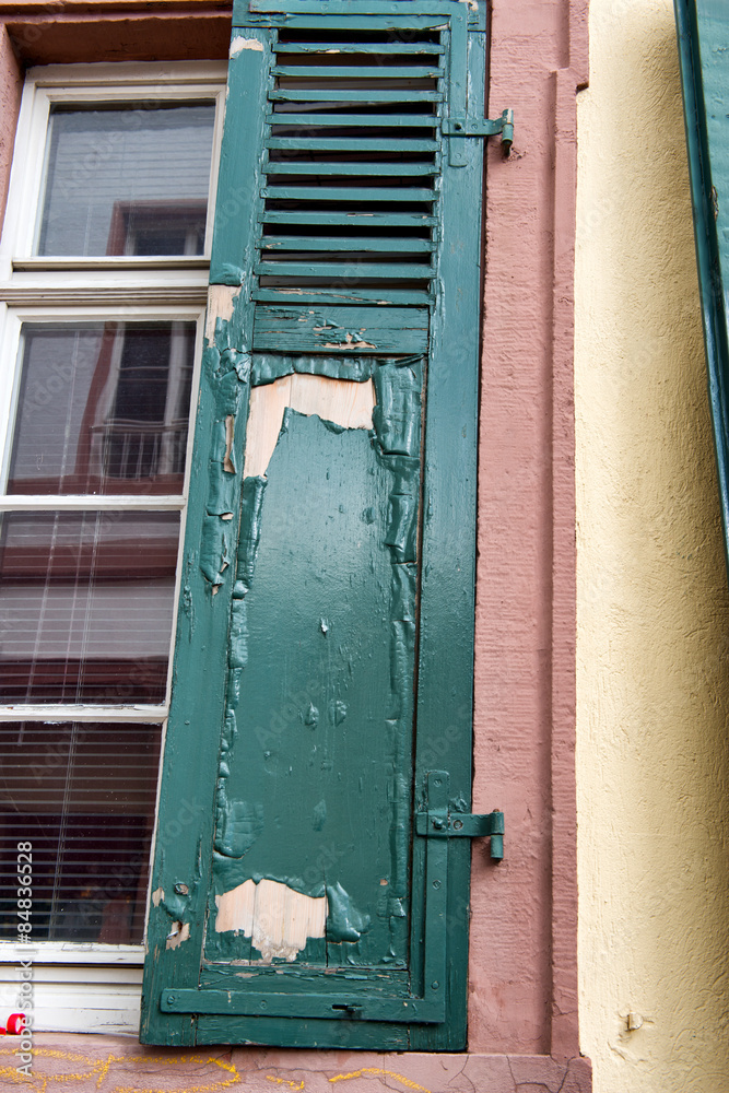 Green Window Shutter with Peeling Paint