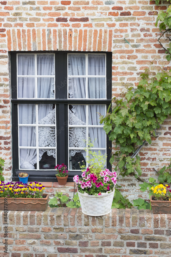 Fenster mit Blumen Haus Mauerwerk in Belgien