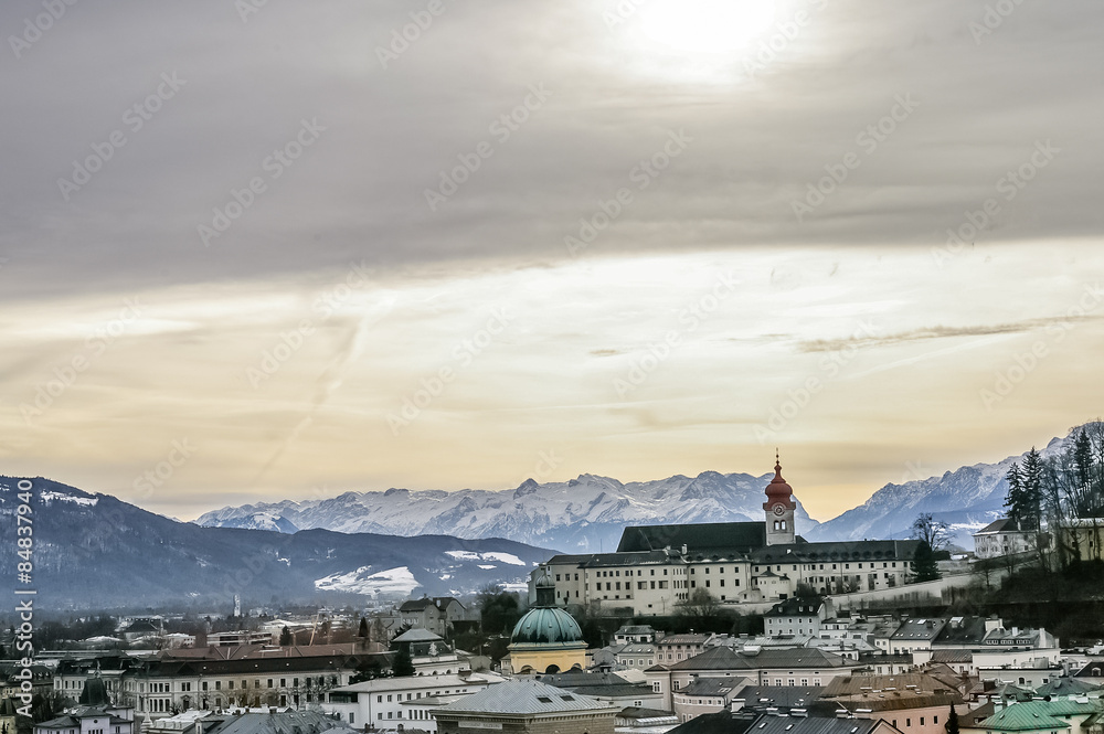 Top view on Salzburg city at winter, Salzburg Austria