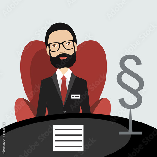 Middle age advocate, lawyer sitting in red chair in his office. Flat vector. 