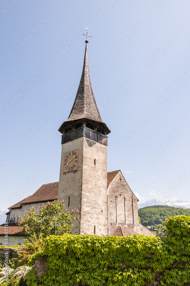 Spiez, Stadt, Altstadt, Schlosskirche, Kirche, Schloss Spiez, Thunersee, Alpen, Berner Oberland, Schweiz