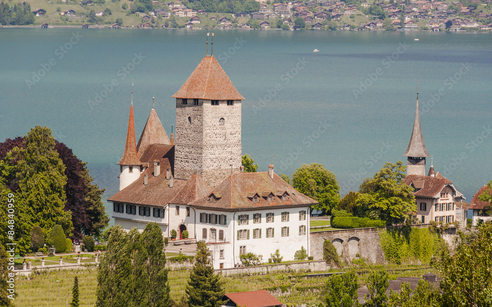 Spiez, Stadt, Altstadt, Schloss Spiez, Schlosskirche, Thunersee,  Schiffssteg, Alpen, Schweiz Stock Photo | Adobe Stock