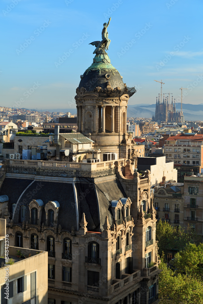 Fototapeta premium Top view of the building of the insurance company in the center of Barcelona. Spain