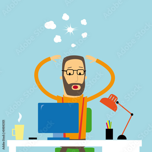 Cartoon frustated business man in front of his computer