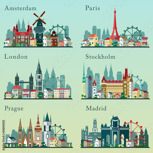Cities skylines set. Vector flat landscapes. European cities cityscapes