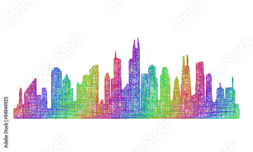 Chicago city skyline silhouette - multicolor line art