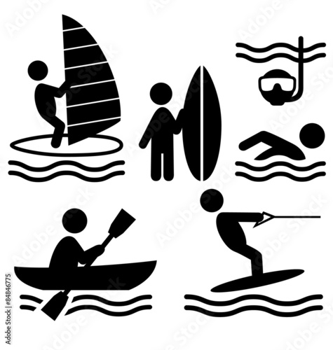 Summer water sport pictograms flat people icons isolated on whit