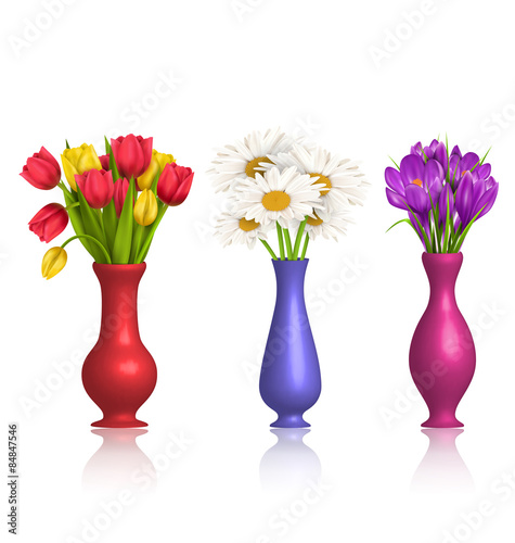 Tulips chamomiles and crocuses in vases with reflection on white
