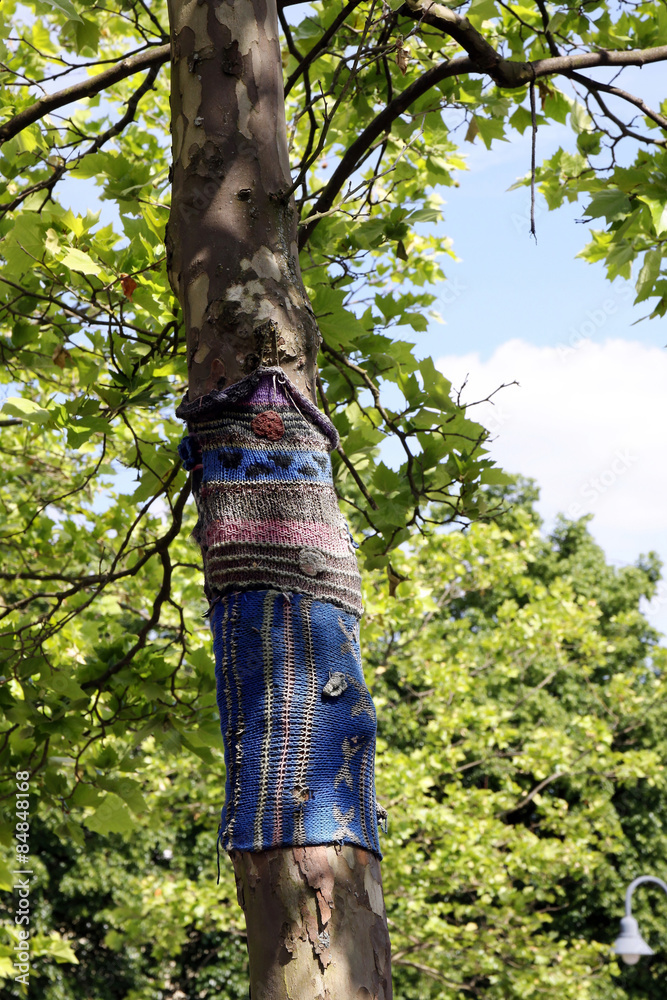 Fototapeta premium urban knitting, eingestrickter baumstamm