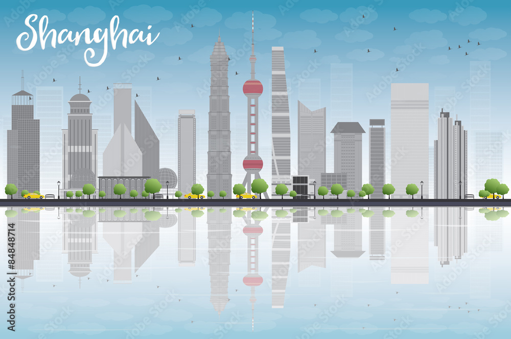 Shanghai skyline with blue sky and grey skyscrapers