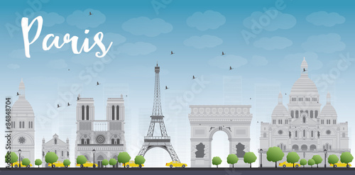 Paris skyline with grey landmarks and blue sky