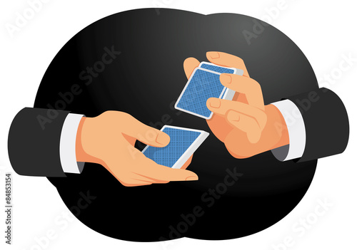 Hands of businessman are shuffling cards on the dark background