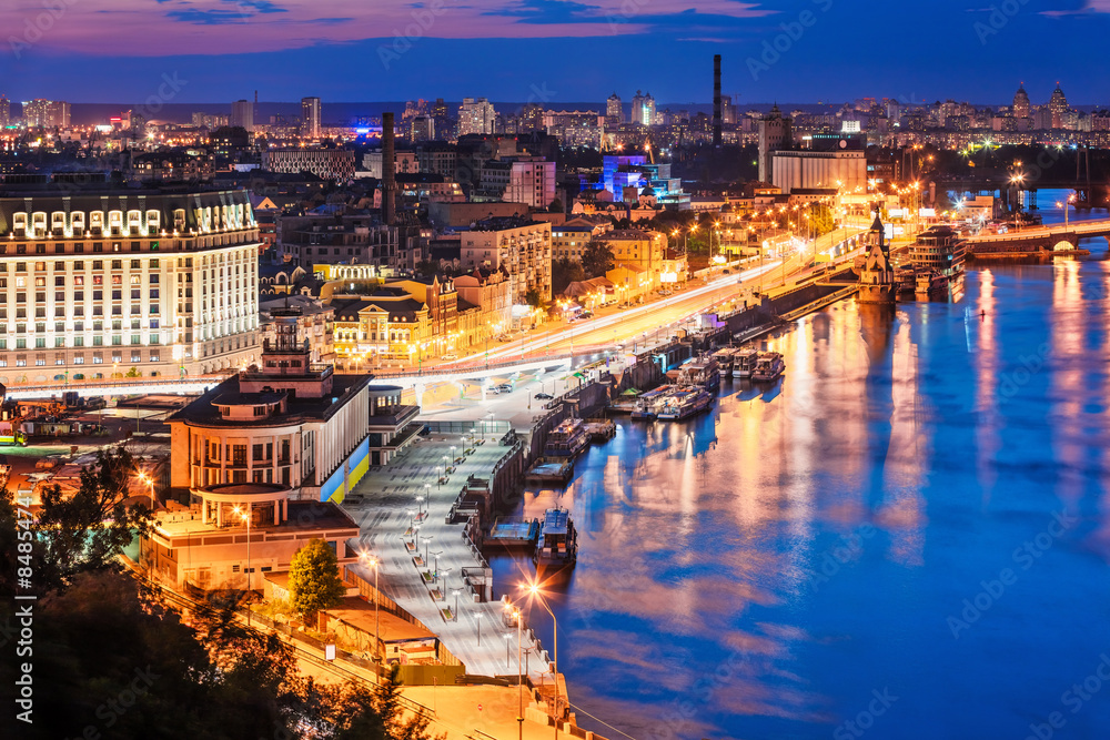 Evening aerial scenery of Kyiv, Ukraine