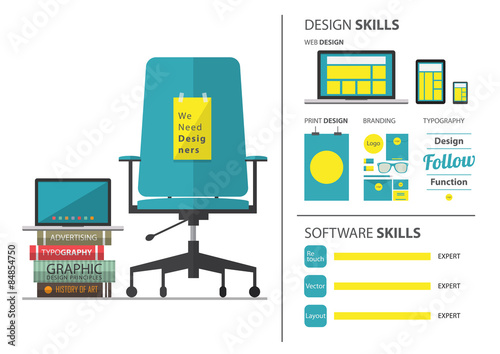 Flat design of job hiring for graphic designer. Wording We Need Designer on chair. Resume and infographic element. Vector Illustration.