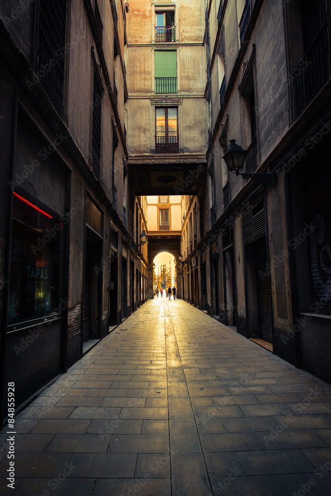 Straight narrow street in Gothic quarter, Barcelona.