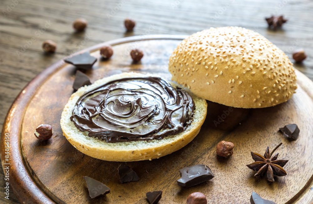 Sesame bun with chocolate cream and nuts Sesame bun with chocolate cream and nuts