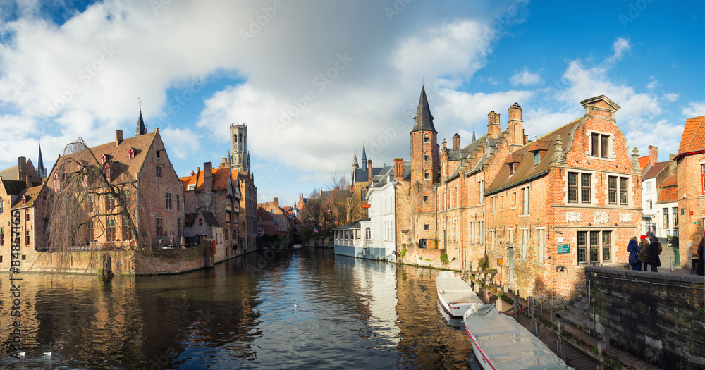 January Bruges. Panoramic views of the city and Belfort, with seagulls and beautiful sky