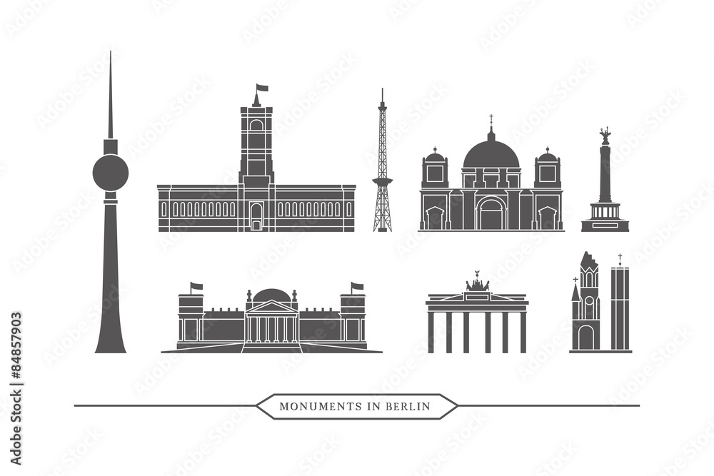 Famous monuments and buildings in Berlin - Vector Icon Set - obrazy, fototapety, plakaty 